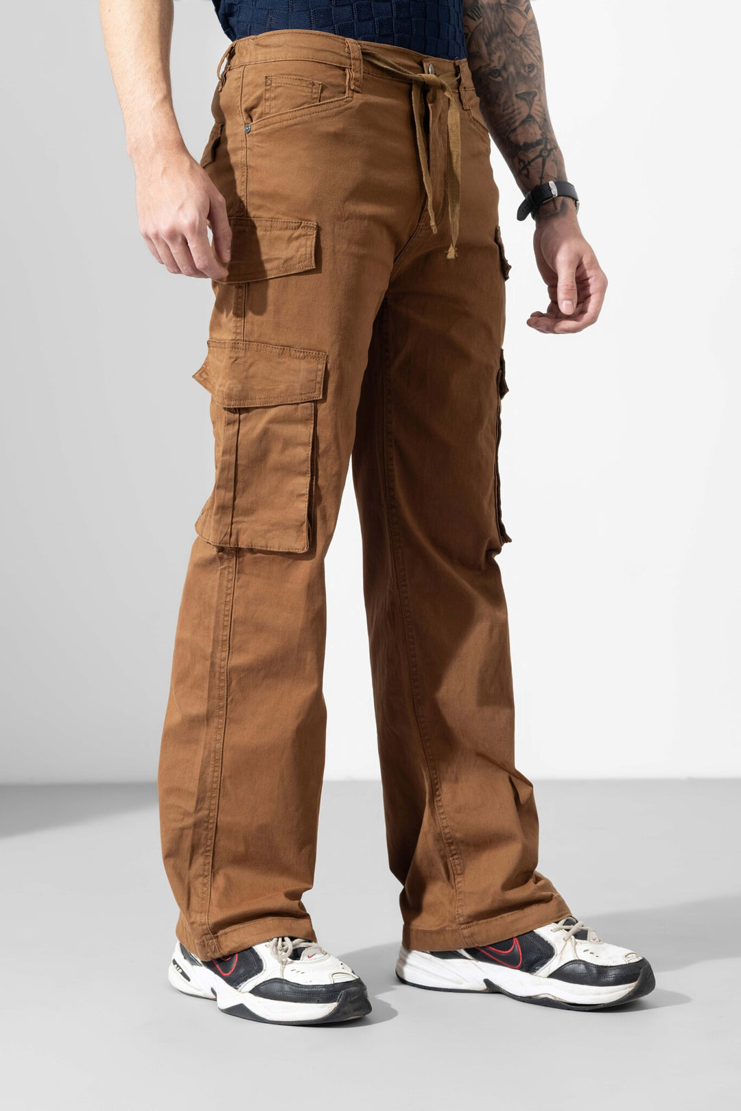 Brown Men Drawstring Cotton Cargo Pant