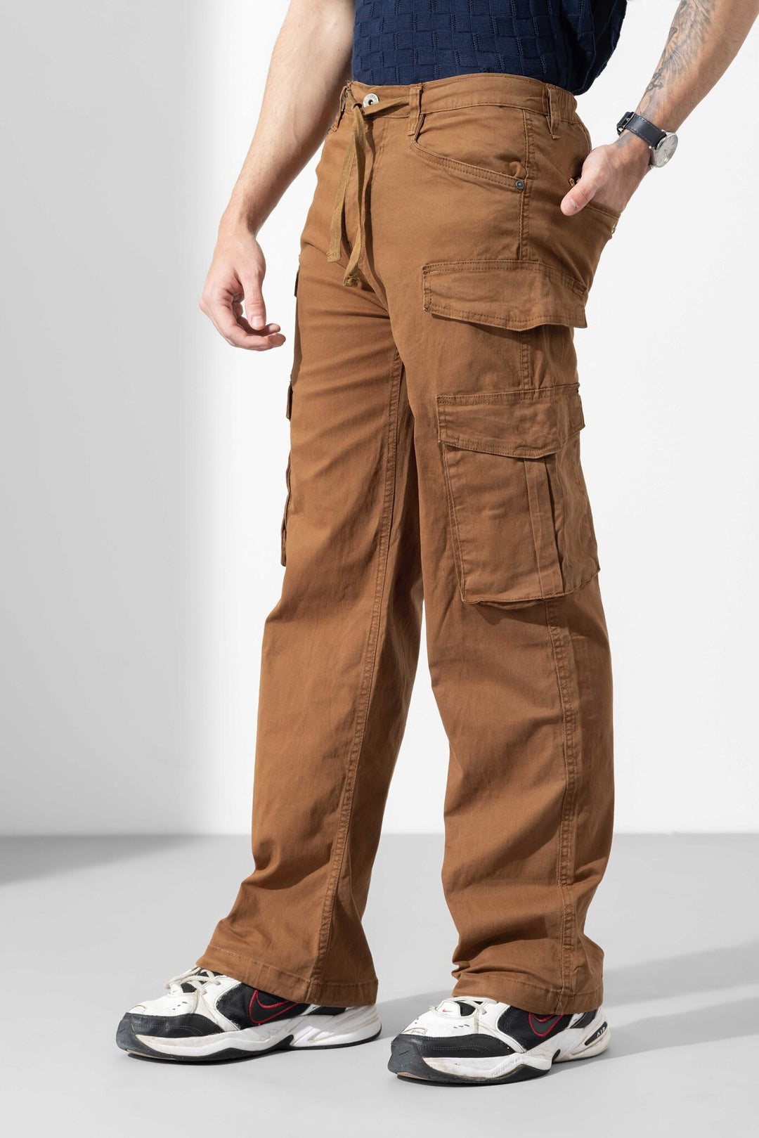 Brown Men Drawstring Cotton Cargo Pant