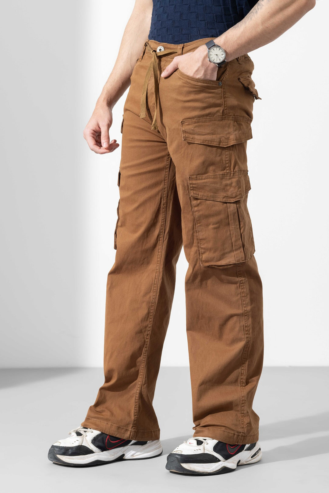 Brown Men Drawstring Cotton Cargo Pant
