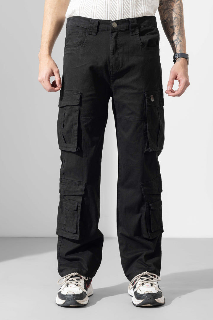 Black Men Multi Pocket Solid Cargo Pant