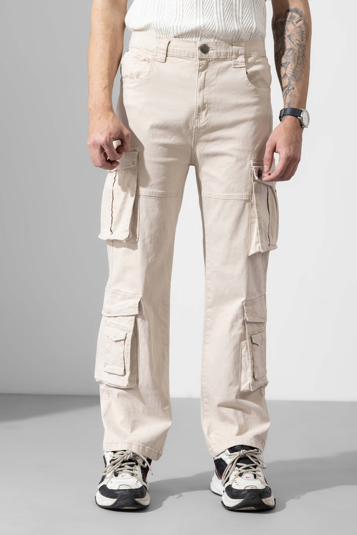 Cream Men Multi Pocket Solid Cargo Pant