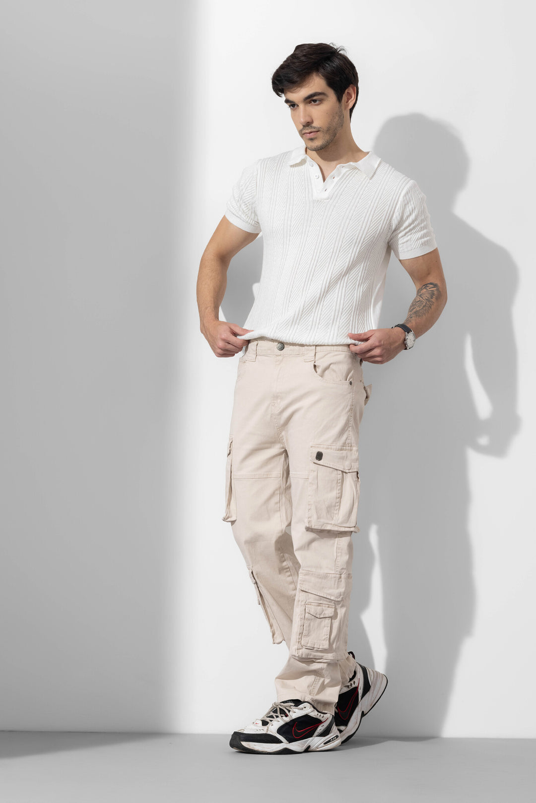 Cream Men Multi Pocket Solid Cargo Pant