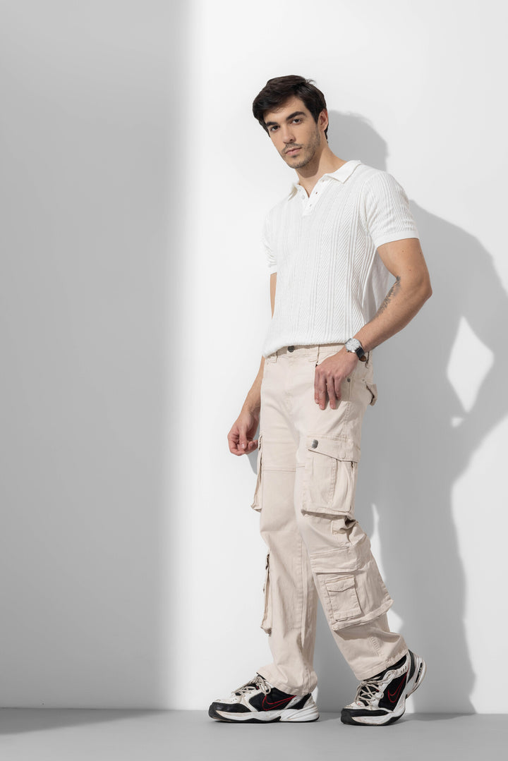 Cream Men Multi Pocket Solid Cargo Pant
