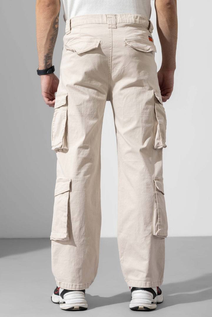 Cream Men Multi Pocket Solid Cargo Pant