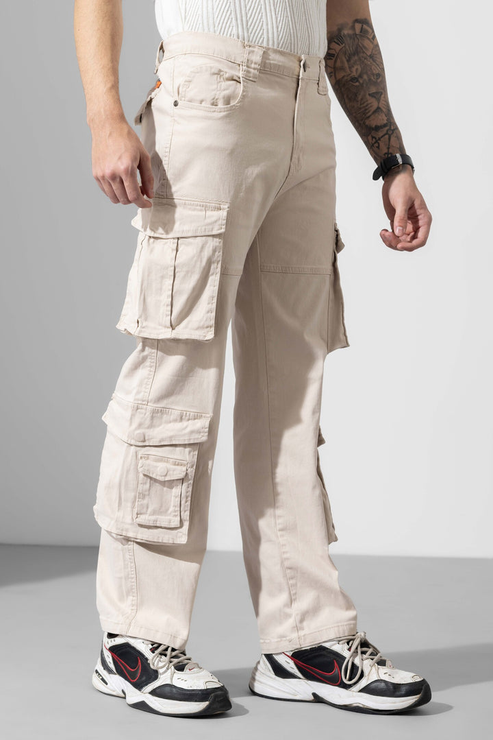 Cream Men Multi Pocket Solid Cargo Pant