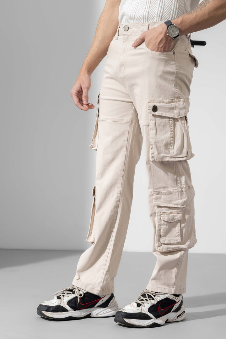 Cream Men Multi Pocket Solid Cargo Pant
