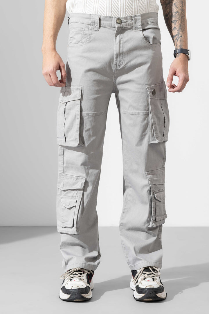 Light Grey Men Multi Pocket Solid Cargo Pant