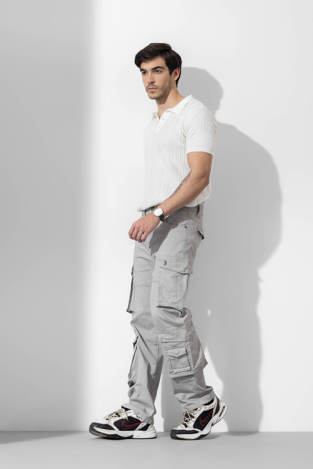 Light Grey Men Multi Pocket Solid Cargo Pant