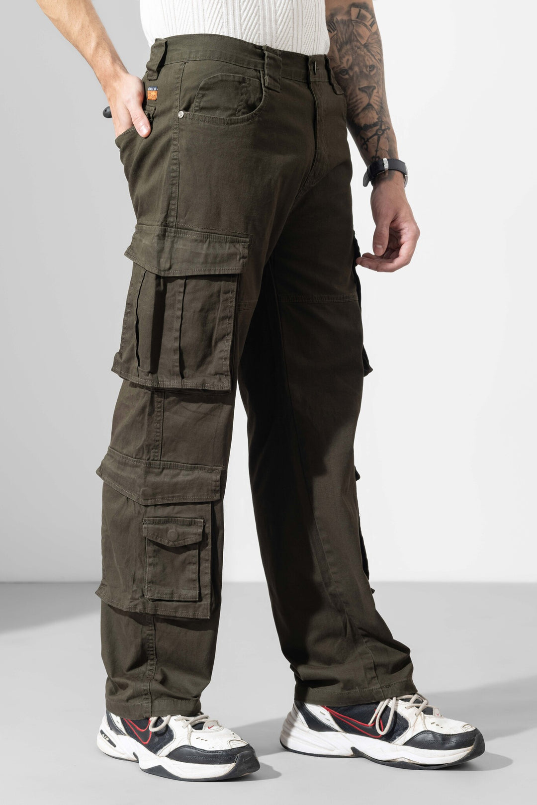 Olive Green Men Multi Pocket Solid Cargo Pant