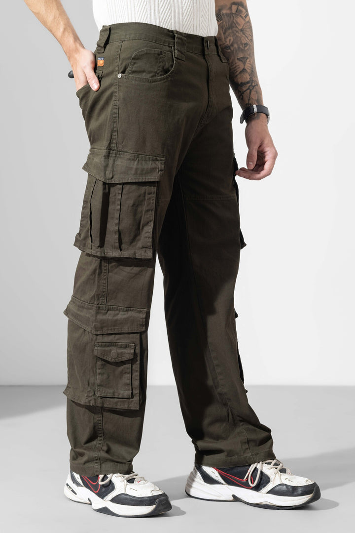 Olive Green Men Multi Pocket Solid Cargo Pant