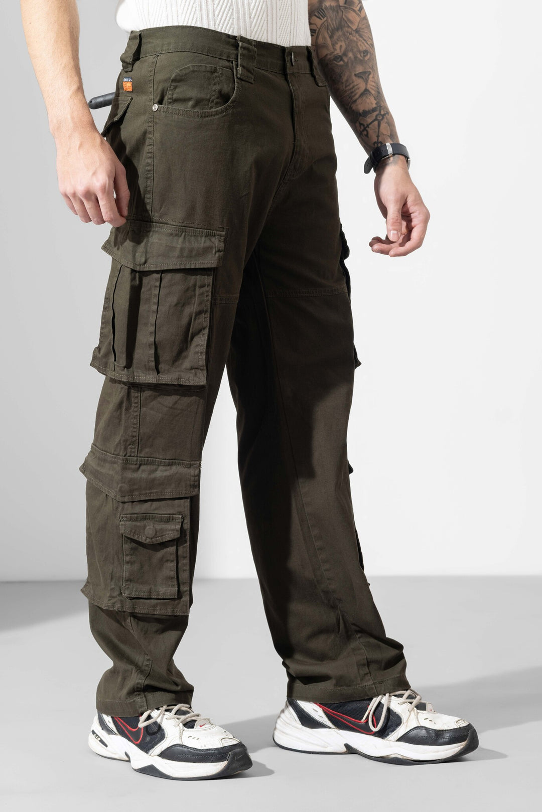 Olive Green Men Multi Pocket Solid Cargo Pant