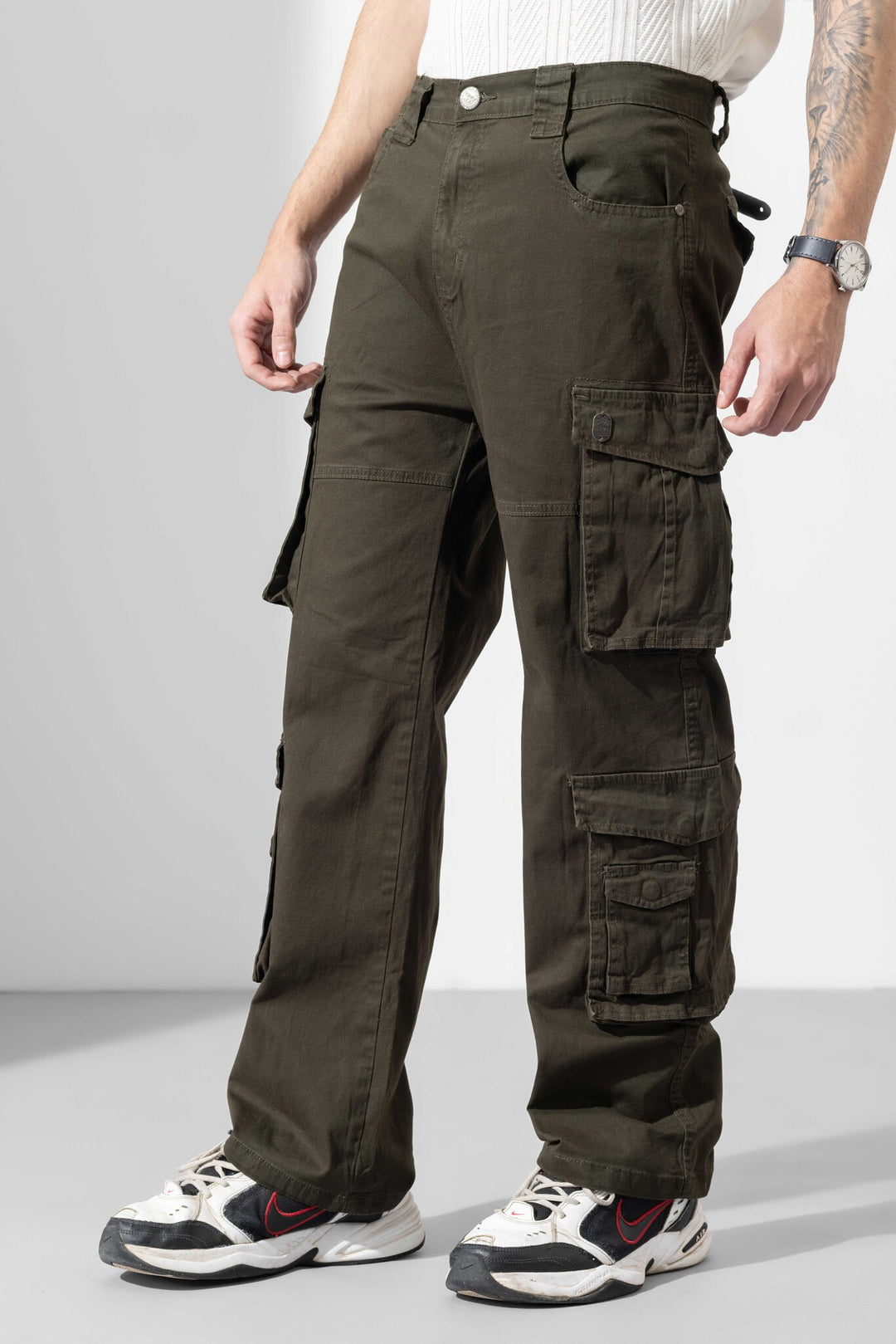 Olive Green Men Multi Pocket Solid Cargo Pant