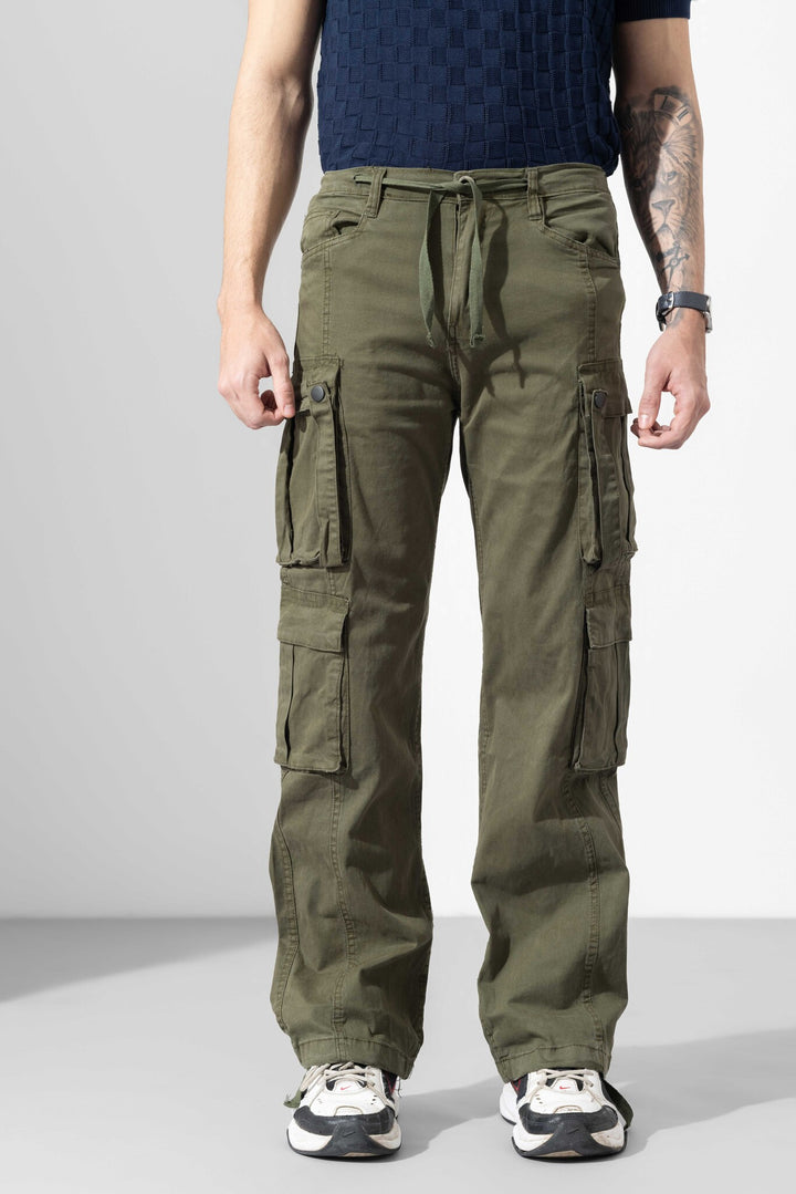 Olive Green Men Drawstring Closure Cotton Cargo Pant