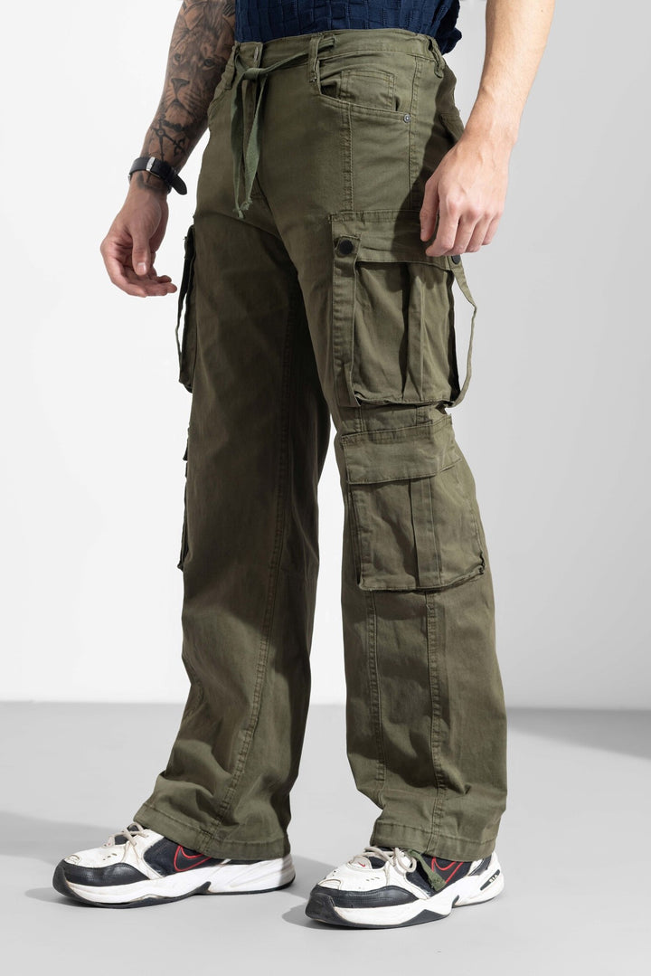 Olive Green Men Drawstring Closure Cotton Cargo Pant