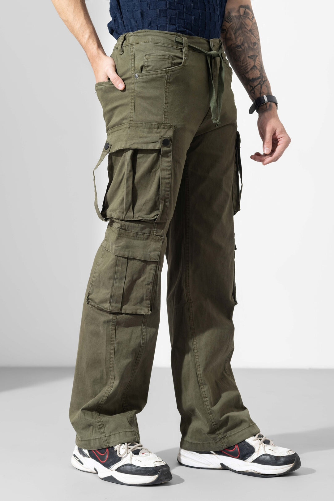 Olive Green Men Drawstring Closure Cotton Cargo Pant