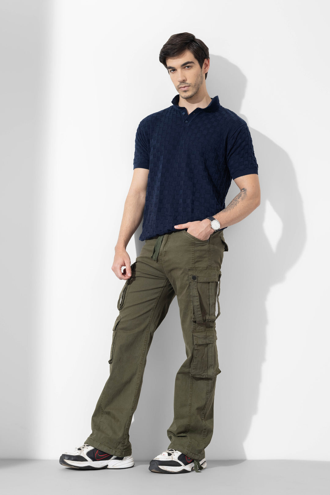 Olive Green Men Drawstring Closure Cotton Cargo Pant