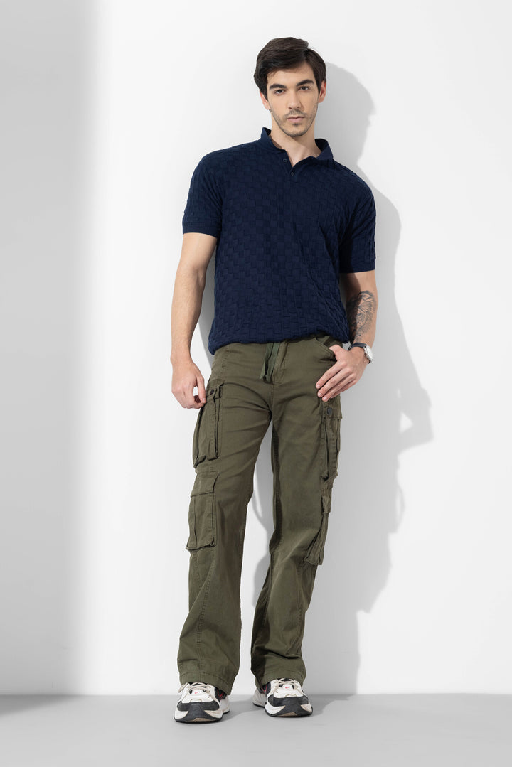 Olive Green Men Drawstring Closure Cotton Cargo Pant
