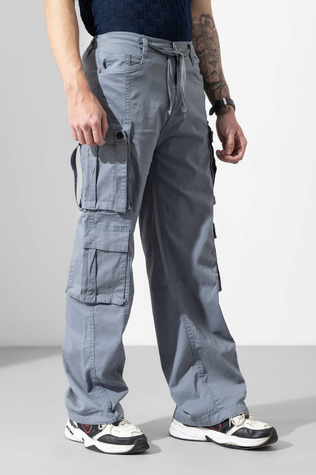 Steel Grey Men Drawstring Cotton Cargo Pant