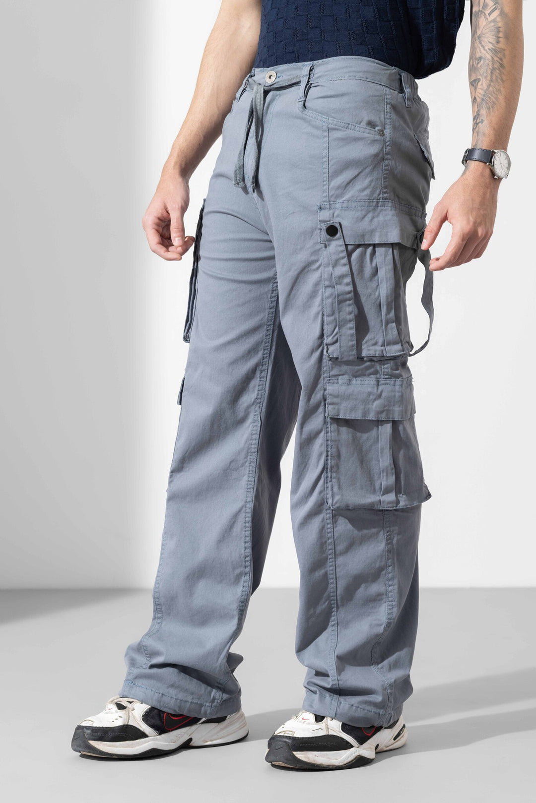 Steel Grey Men Drawstring Cotton Cargo Pant