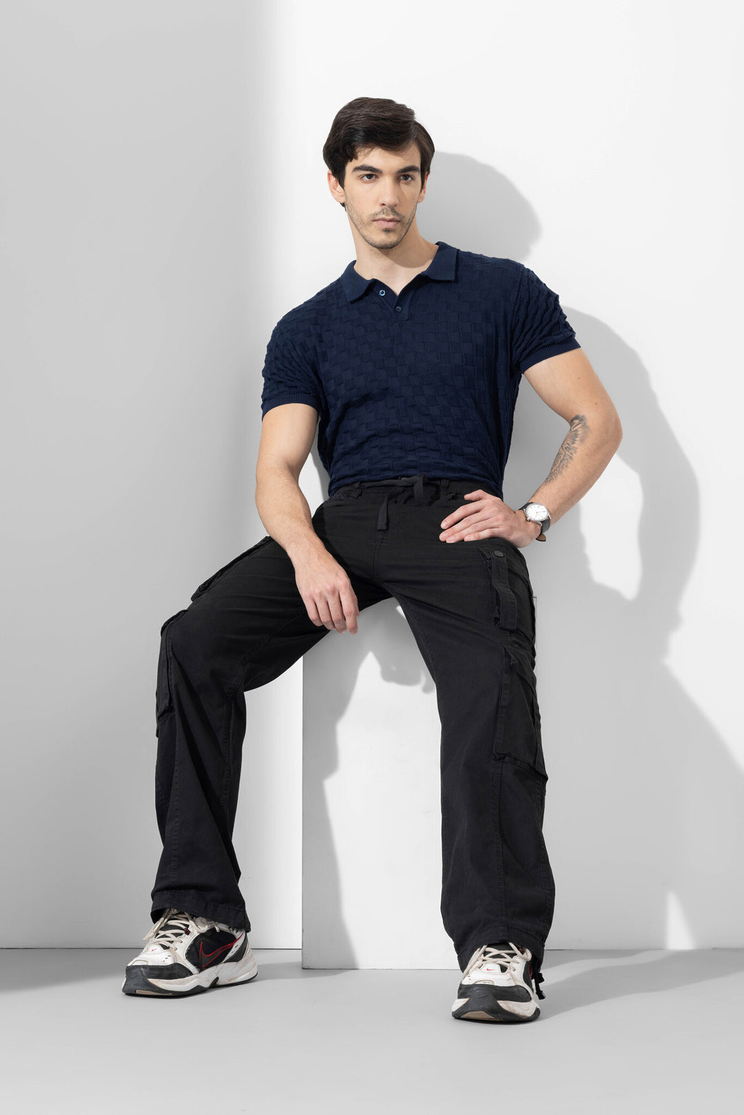 Black Men Drawstring Cotton Cargo Pant