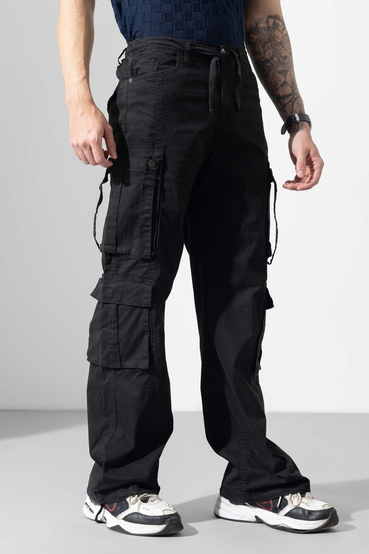 Black Men Drawstring Cotton Cargo Pant