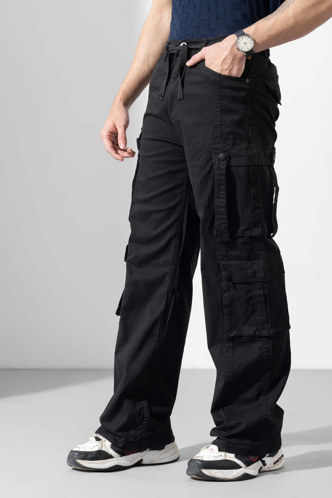Black Men Drawstring Cotton Cargo Pant