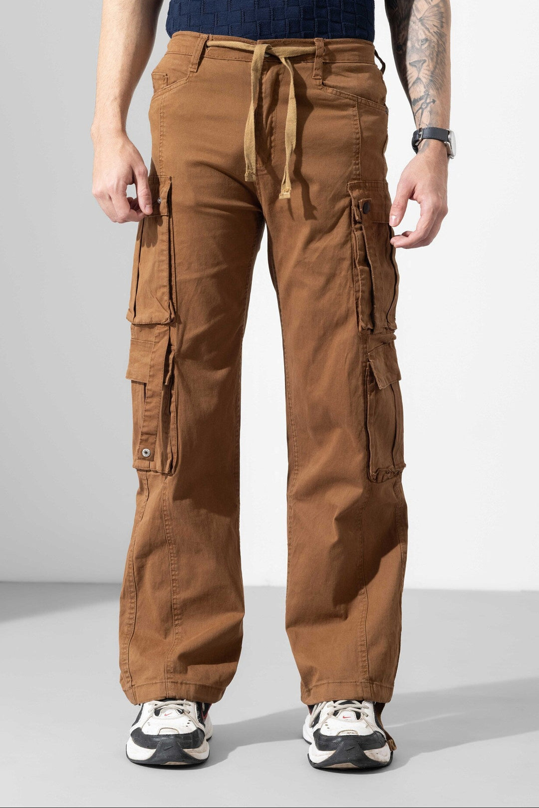 Dark Brown Men Drawstring Cotton Cargo Pant