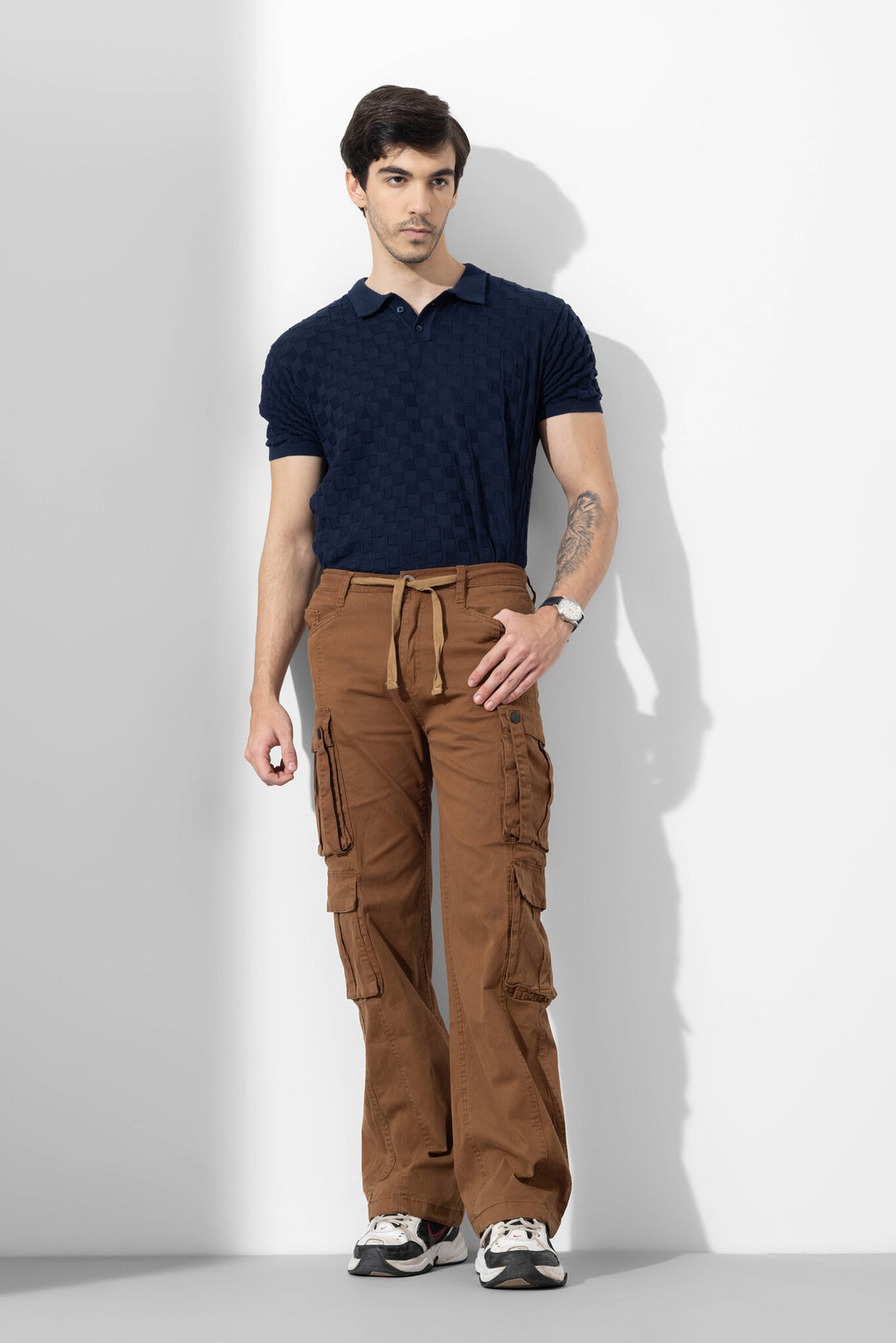 Dark Brown Men Drawstring Cotton Cargo Pant