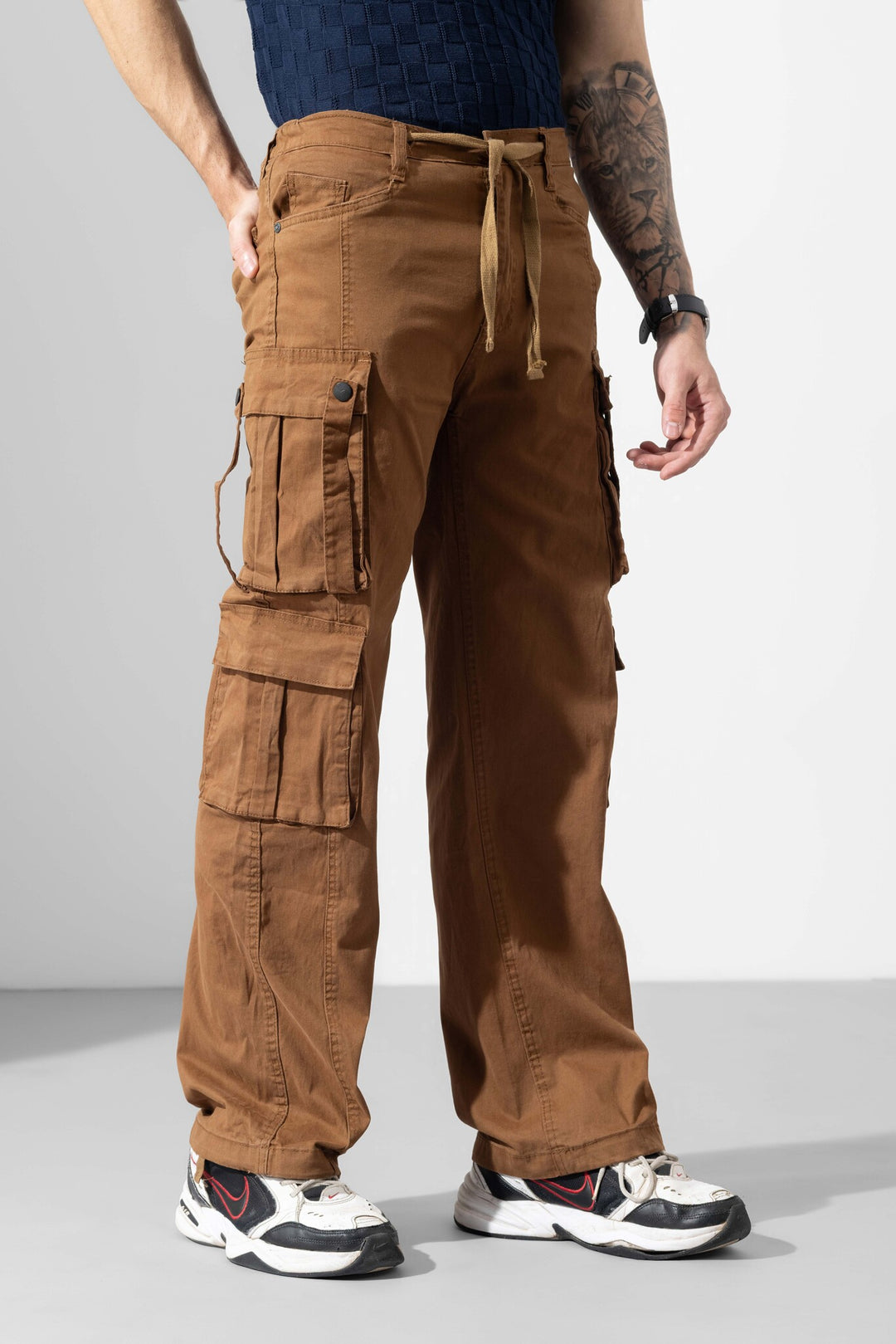 Dark Brown Men Drawstring Cotton Cargo Pant