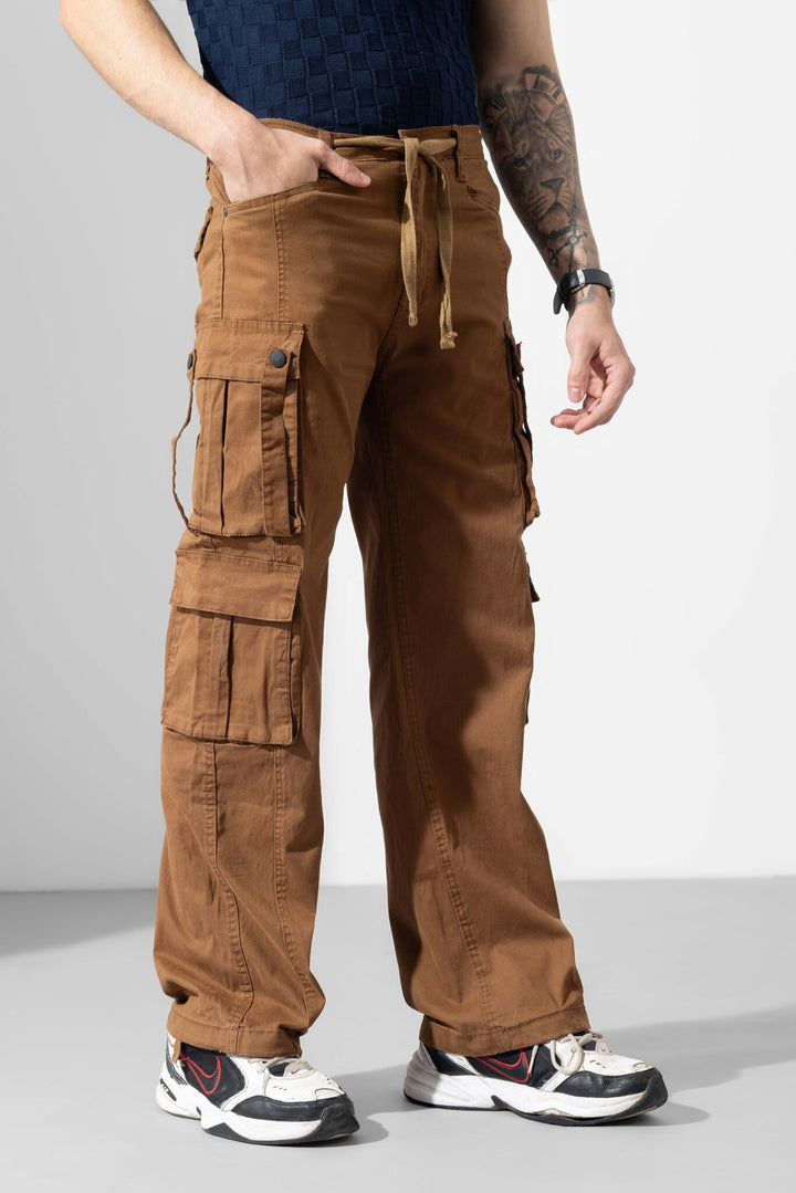 Dark Brown Men Drawstring Cotton Cargo Pant