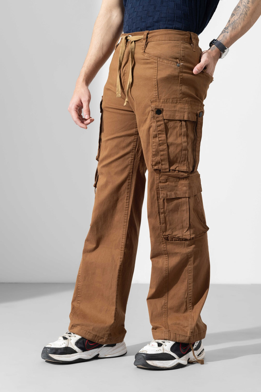 Dark Brown Men Drawstring Cotton Cargo Pant