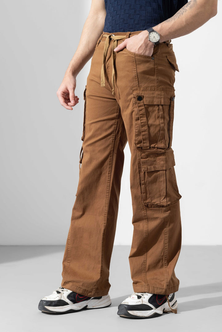 Dark Brown Men Drawstring Cotton Cargo Pant