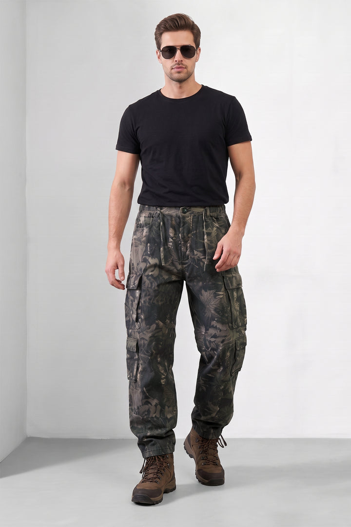 Olive Multi Mens 8 Pocket Cargo Pants | Multi-Pocket Utility Trousers | Regular Fit Casual Cargo Pants