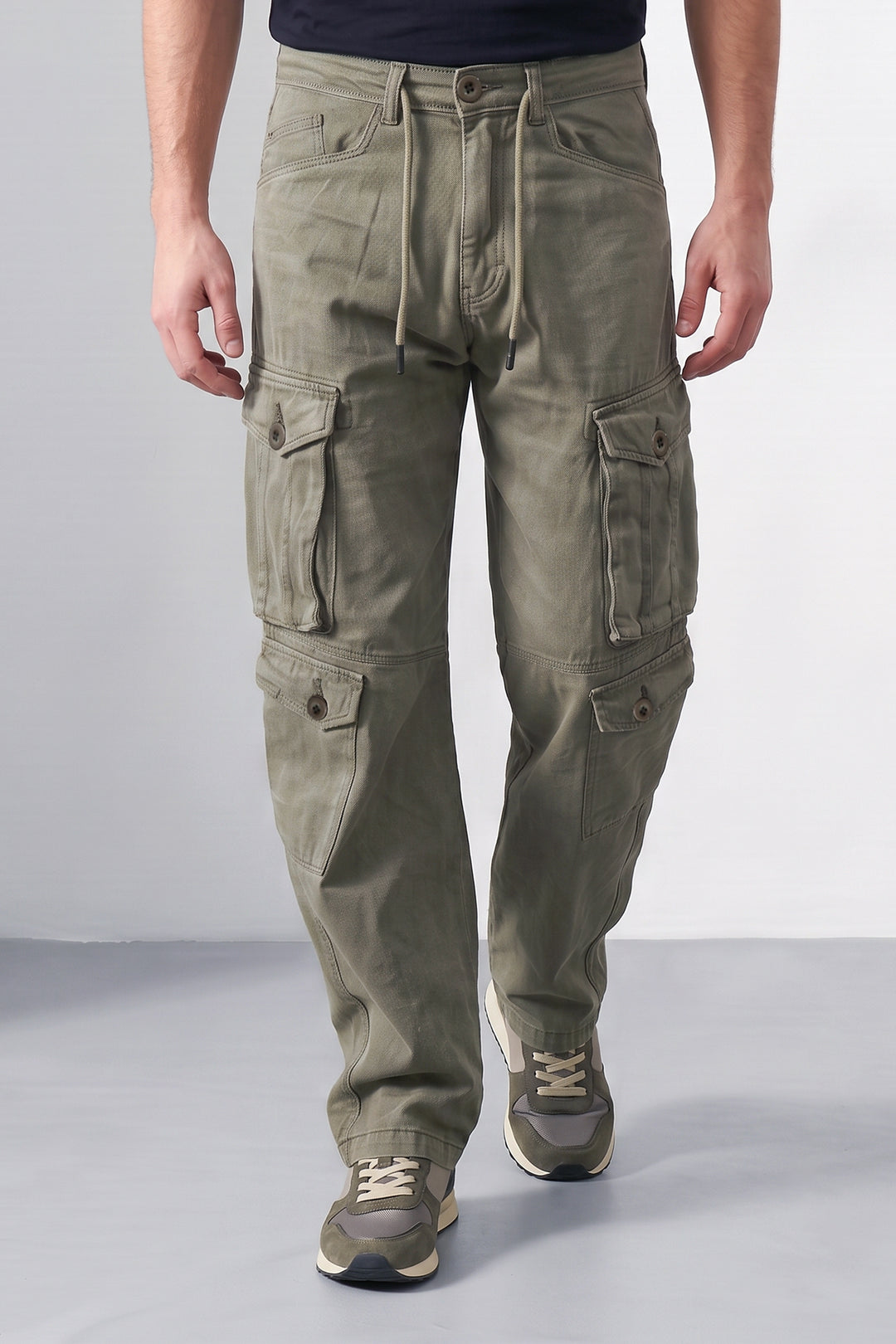 Olive Green Mens 8 Pocket Cargo Pants | Multi-Pocket Utility Trousers | Regular Fit Casual Cargo Pants