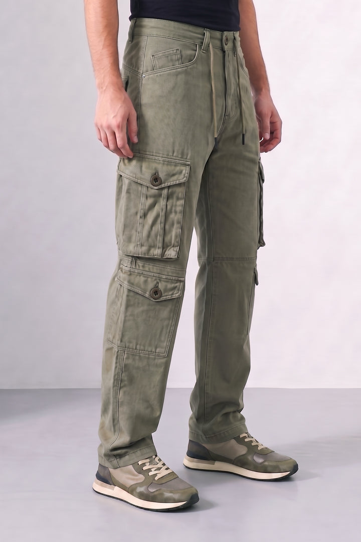 Olive Green Mens 8 Pocket Cargo Pants | Multi-Pocket Utility Trousers | Regular Fit Casual Cargo Pants