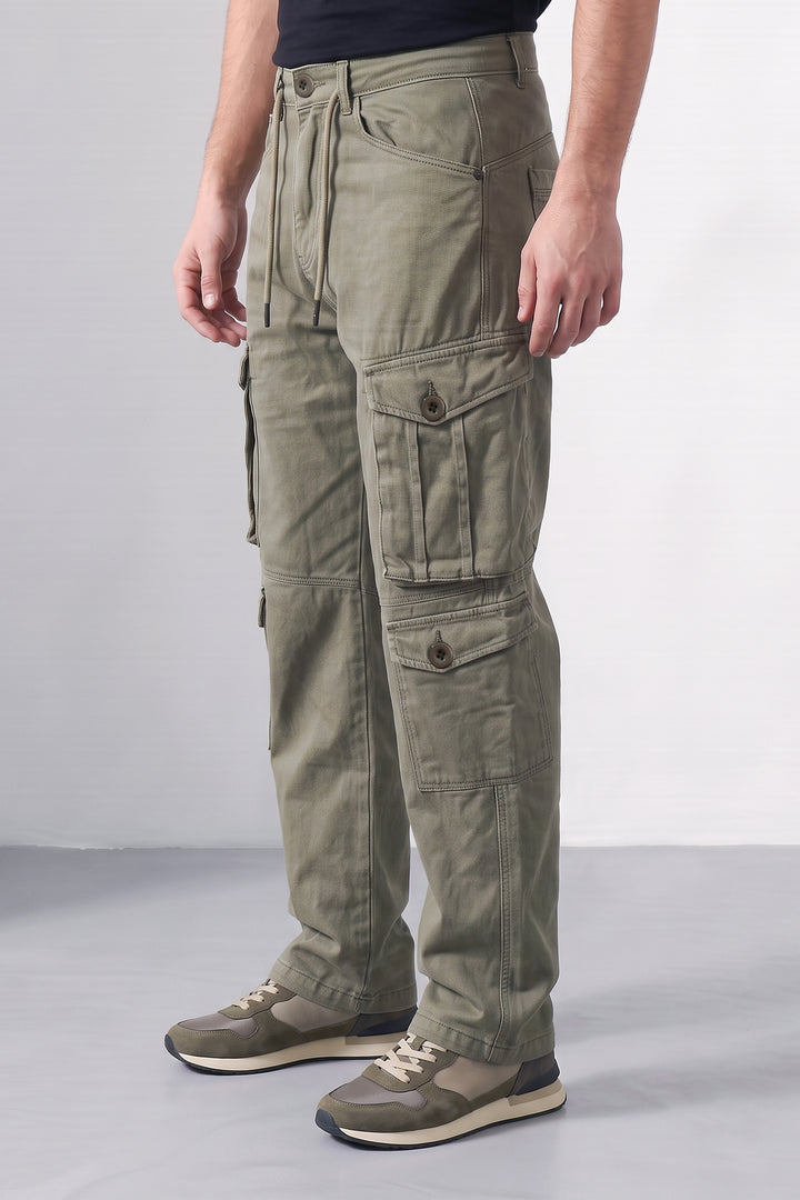 Olive Green Mens 8 Pocket Cargo Pants | Multi-Pocket Utility Trousers | Regular Fit Casual Cargo Pants