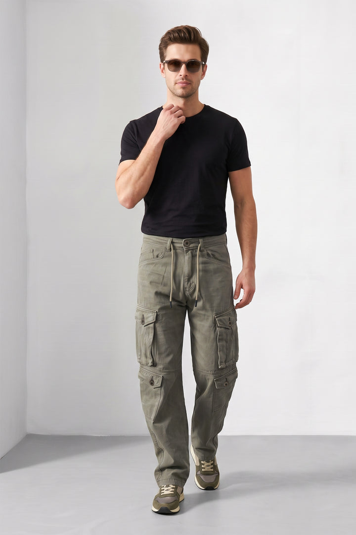 Olive Green Mens 8 Pocket Cargo Pants | Multi-Pocket Utility Trousers | Regular Fit Casual Cargo Pants
