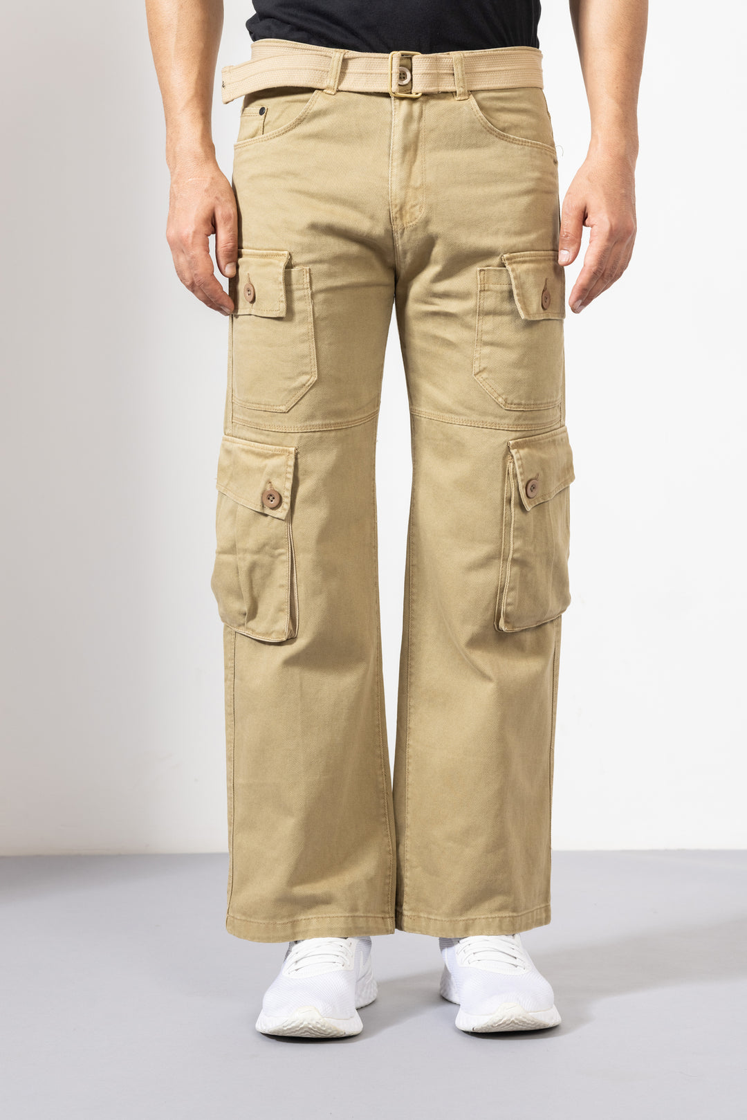Beige Men Cotton Cargo Pants with Multiple Pockets