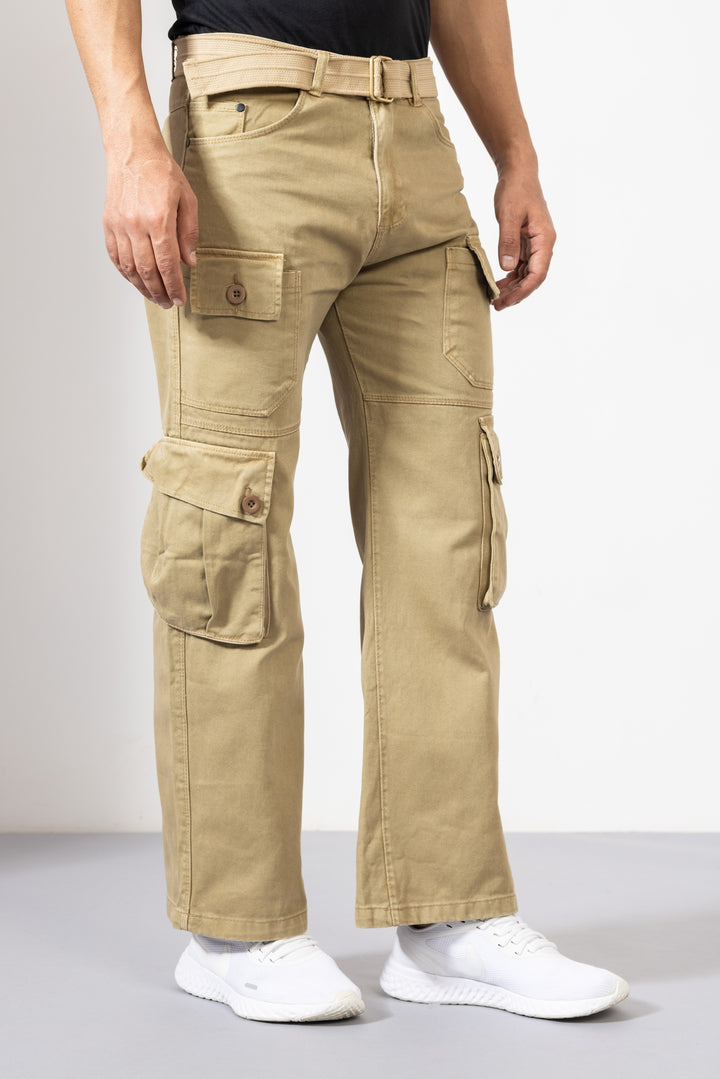 Beige Men Cotton Cargo Pants with Multiple Pockets