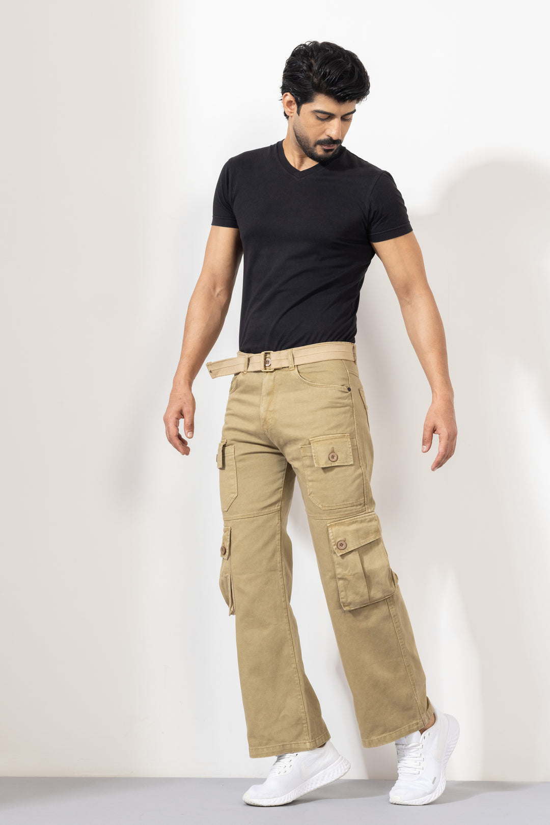 Beige Men Cotton Cargo Pants with Multiple Pockets