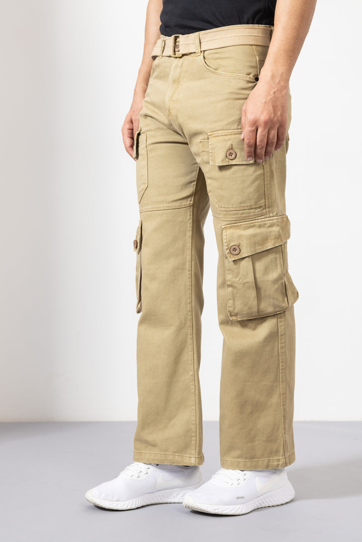 Beige Men Cotton Cargo Pants with Multiple Pockets