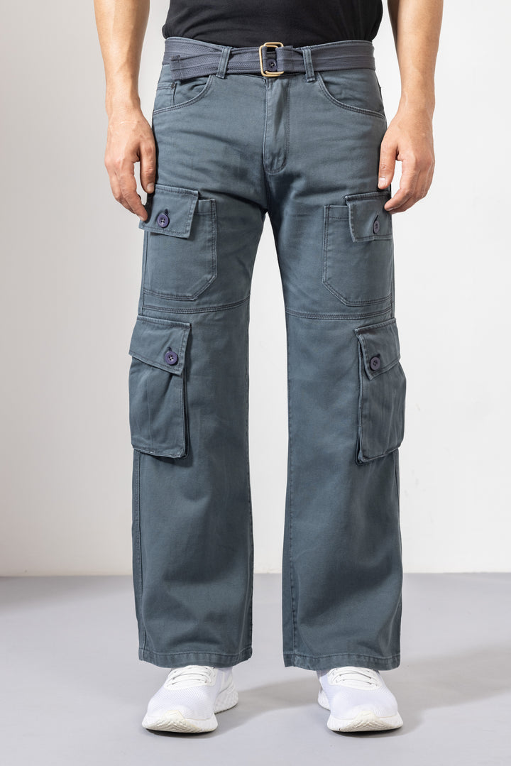 Grey Men Cotton Cargo Pants with Multiple Pockets