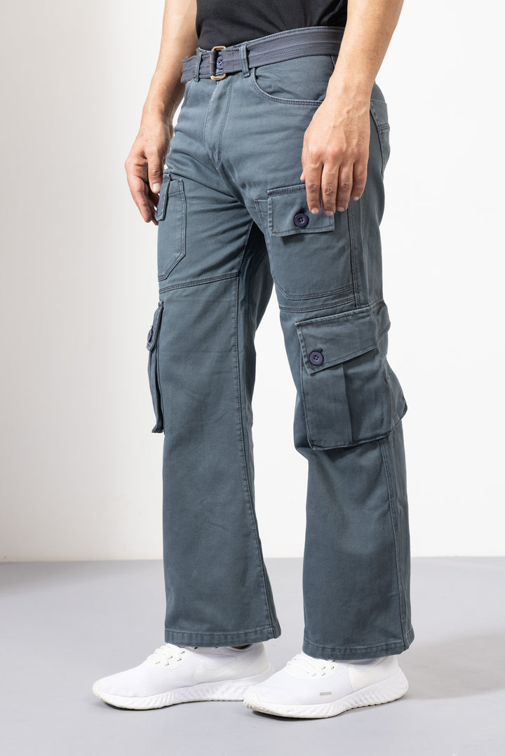 Grey Men Cotton Cargo Pants with Multiple Pockets