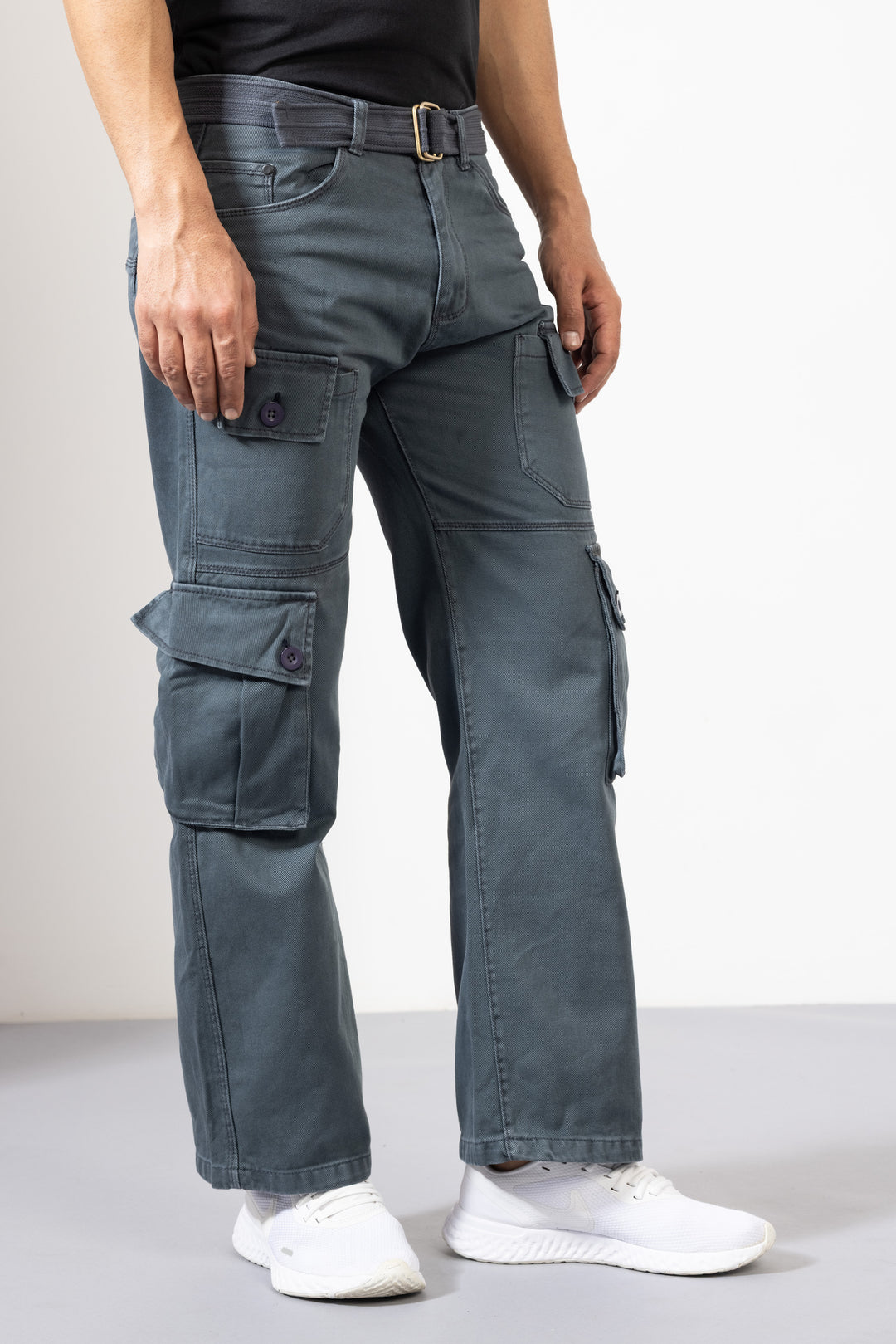 Grey Men Cotton Cargo Pants with Multiple Pockets