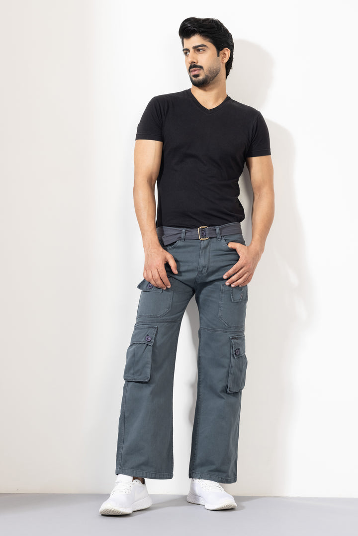 Grey Men Cotton Cargo Pants with Multiple Pockets