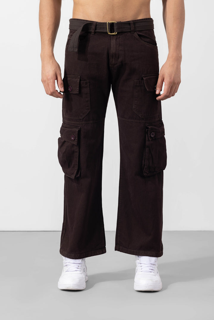 Dark Brown Button Closure Multi Pocket Cargo Pant