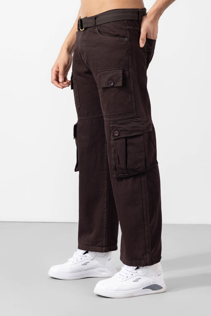 Dark Brown Button Closure Multi Pocket Cargo Pant