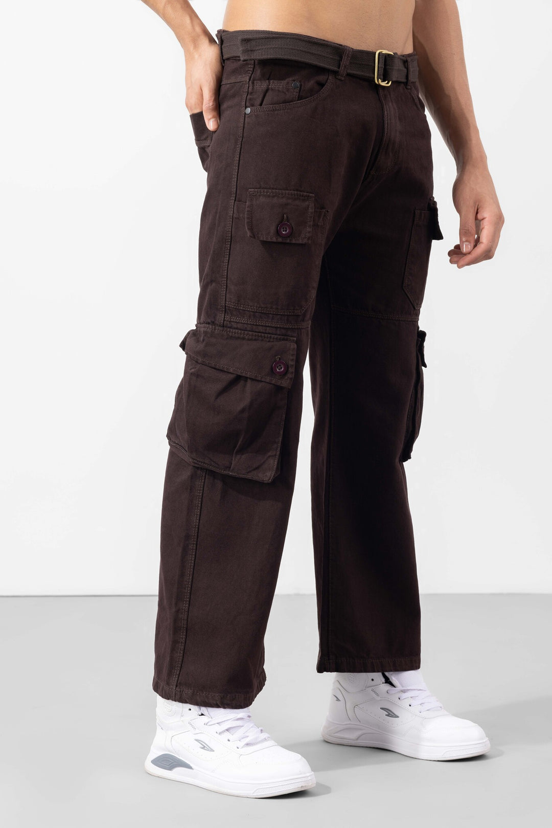Dark Brown Button Closure Multi Pocket Cargo Pant