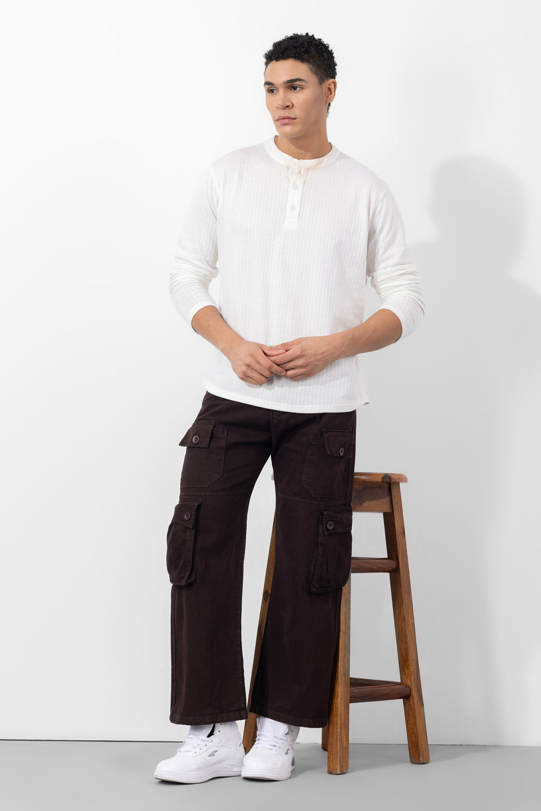 Dark Brown Button Closure Multi Pocket Cargo Pant