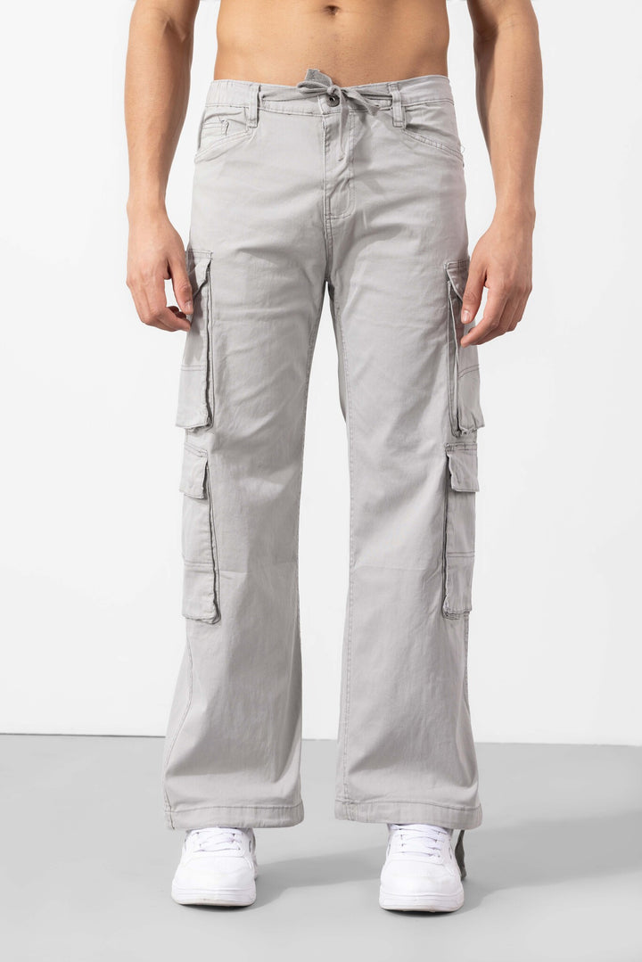Light Grey Button Closure Multi Pocket Cargo Pants